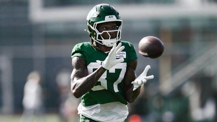Jul 25, 2025; Florham Park, NJ, USA; New York Jets wide receiver Brandon Smith (87) participates in a drill during training camp at Atlantic Health Jets Training Center. Mandatory Credit: John Jones-Imagn Images