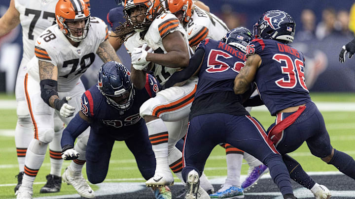 Dec 4, 2022; Houston, Texas, USA;  Cleveland Browns running back Kareem Hunt (27) rushes against