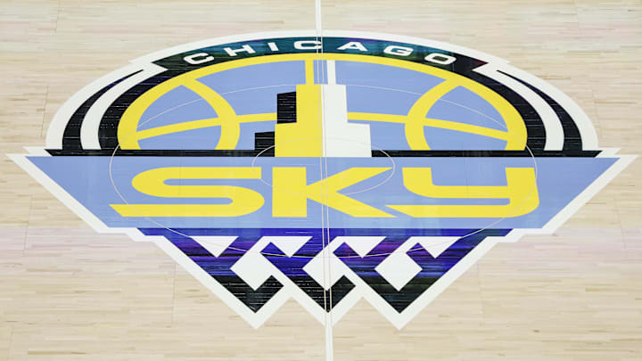 The Sky's logo sits on the court before a 2022 playoff game against the Liberty.