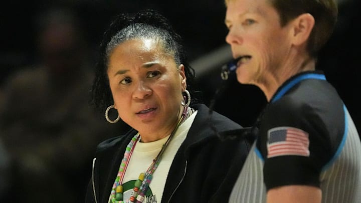 South Carolina basketball coach Dawn Staley talks with an official during an NCAA college basketball game against Tennessee on Monday, Jan. 27, 2025, in Knoxville, Tenn. South Carolina basketball coach Dawn Staley talks with an official during an NCAA college basketball game against Tennessee on Monday, Jan. 27, 2025, in Knoxville, Tenn.