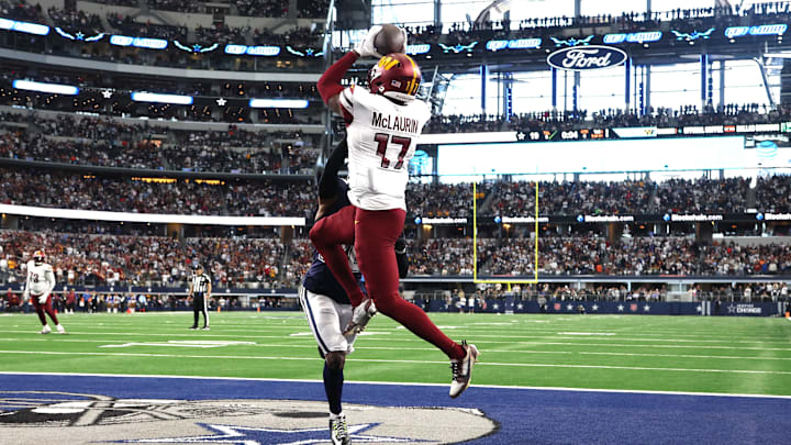 Jan 5, 2025; Arlington, Texas, USA; Washington Commanders wide receiver Terry McLaurin (17) catches the game winning touchdown against Dallas Cowboys cornerback DaRon Bland (26) during the fourth quarter at AT&T Stadium. Mandatory Credit: Tim Heitman-Imagn Images Jan 5, 2025; Arlington, Texas, USA; Washington Commanders wide receiver Terry McLaurin (17) catches the game winning touchdown against Dallas Cowboys cornerback DaRon Bland (26) during the fourth quarter at AT&T Stadium. Mandatory Credit: Tim Heitman-Imagn Images