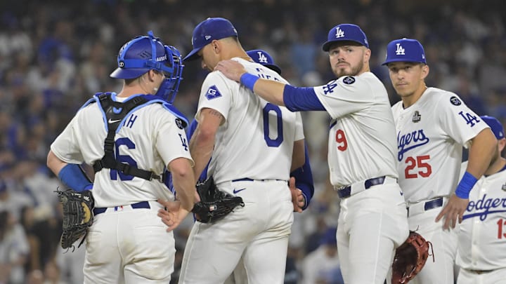 Oct 25, 2024; Los Angeles, California, USA; Los Angeles Dodgers starting pitcher Jack Flaherty (0) reacts after giving up a two-run home run in the sixth inning against the New York Yankees during game one of the 2024 MLB World Series at Dodger Stadium. Mandatory Credit:  Jayne Kamin-Oncea-Imagn Images