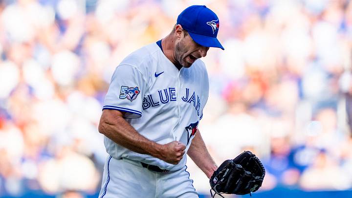 Sep 27, 2026; Toronto, Ontario, CAN;  Toronto Blue Jays pitcher Max Scherzer (31) reacts after winning a strike call during the sixth inning against the Cincinnati Reds at Rogers Centre.  Mandatory Credit: Kevin Sousa-Imagn Images