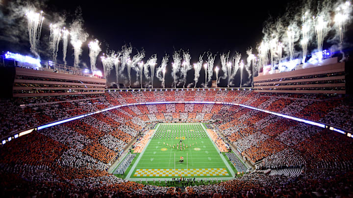 Fireworks are set off before an SEC football game between Tennessee and Ole Miss in a checkered Neyland Stadium in Knoxville, Tenn. on Saturday, Oct. 16, 2021.
Kns Tennessee Ole Miss Football Fireworks are set off before an SEC football game between Tennessee and Ole Miss in a checkered Neyland Stadium in Knoxville, Tenn. on Saturday, Oct. 16, 2021.
Kns Tennessee Ole Miss Football