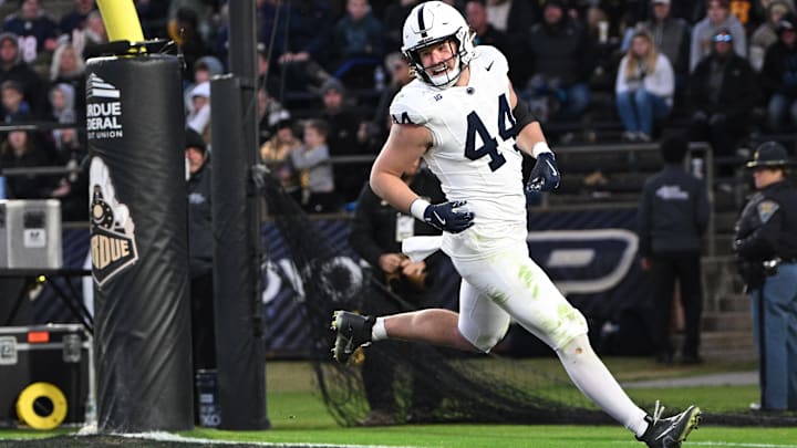 Nov 16, 2024; West Lafayette, Indiana, USA; Penn State Nittany Lions tight end Tyler Warren (44) smiles after scoring a touchdown during the second half against the Purdue Boilermakers at Ross-Ade Stadium. Mandatory Credit: Marc Lebryk-Imagn Images Nov 16, 2024; West Lafayette, Indiana, USA; Penn State Nittany Lions tight end Tyler Warren (44) smiles after scoring a touchdown during the second half against the Purdue Boilermakers at Ross-Ade Stadium. Mandatory Credit: Marc Lebryk-Imagn Images