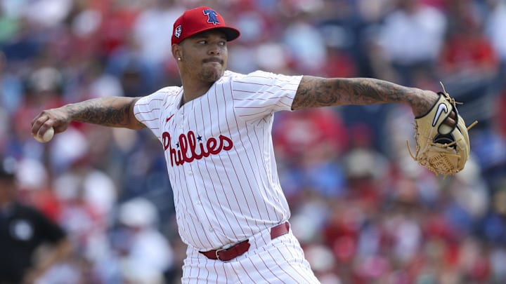 Mar 9, 2024; Clearwater, Florida, USA;  Philadelphia Phillies starting pitcher Taijuan Walker (99)