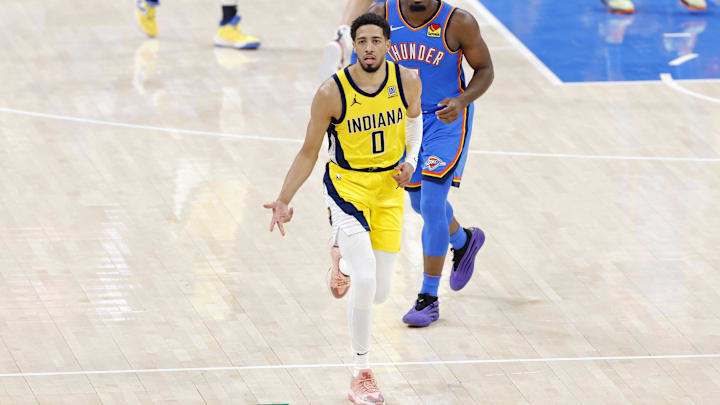 Jun 22, 2025; Oklahoma City, Oklahoma, USA; Indiana Pacers guard Tyrese Haliburton (0) reacts after against the Oklahoma City Thunder during the first half of game seven of the 2025 NBA Finals at Paycom Center. Mandatory Credit: Alonzo Adams-Imagn Images