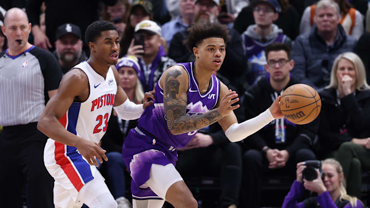 Jan 3, 2024; Salt Lake City, Utah, USA; Utah Jazz guard Keyonte George (3) passes the ball away from
