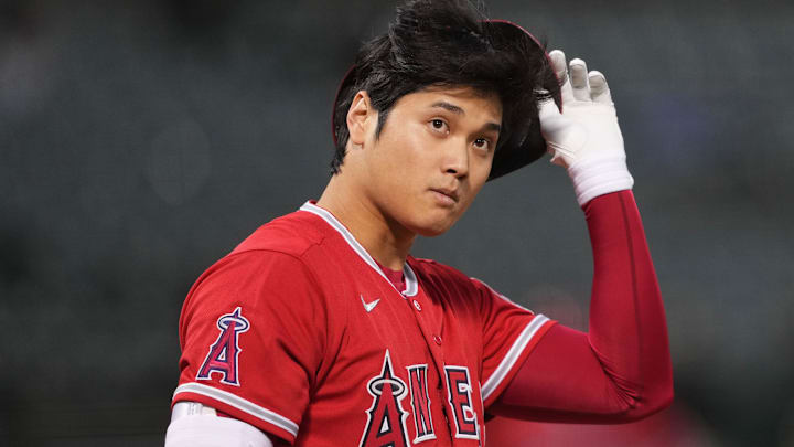Oct 3, 2022; Oakland, California, USA; Los Angeles Angels designated hitter Shohei Ohtani (17)