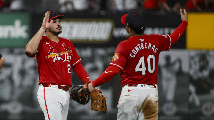 Jul 25, 2025; St. Louis, Missouri, USA; St. Louis Cardinals third baseman Nolan Arenado (28) celebrates with first baseman Willson Contreras (40) after the Cardinals defeated the San Diego Padres at Busch Stadium. Mandatory Credit: Jeff Curry-Imagn Images Jul 25, 2025; St. Louis, Missouri, USA; St. Louis Cardinals third baseman Nolan Arenado (28) celebrates with first baseman Willson Contreras (40) after the Cardinals defeated the San Diego Padres at Busch Stadium. Mandatory Credit: Jeff Curry-Imagn Images