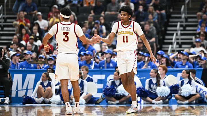 Mar 22, 2026; St. Louis, MO, USA; Iowa State Cyclones guard Dominick Nelson (11) and Iowa State Cyclones guard Tamin Lipsey (3) celebrate after a play during the first half against the Kentucky Wildcats during a second round game of the men's 2026 NCAA Tournament at Enterprise Center. Mandatory Credit: Jeff Le-Imagn Images
