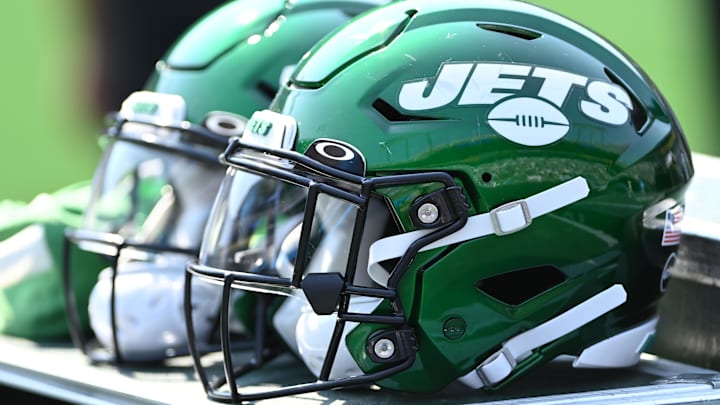 Sep 12, 2021; Charlotte, North Carolina, USA;  New York Jets helmets on the sidelines at Bank of America Stadium. Mandatory Credit: Bob Donnan-Imagn Images