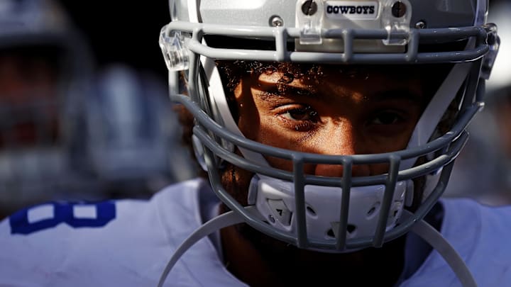 Dallas Cowboys offensive tackle Terence Steele waits to take the field before playing against the Washington Commanders.