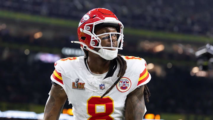 Kansas City Chiefs wide receiver DeAndre Hopkins (8) against the Philadelphia Eagles in Super Bowl LIX at Ceasars Superdome. Kansas City Chiefs wide receiver DeAndre Hopkins (8) against the Philadelphia Eagles in Super Bowl LIX at Ceasars Superdome.