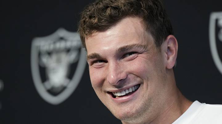 Las Vegas Raiders quarterback Fernando Mendoza speaks during a news conference at the team’s Rookie Minicamp.