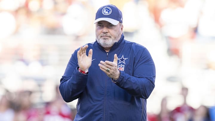 October 8, 2023; Santa Clara, California, USA; Dallas Cowboys head coach Mike McCarthy watches warm