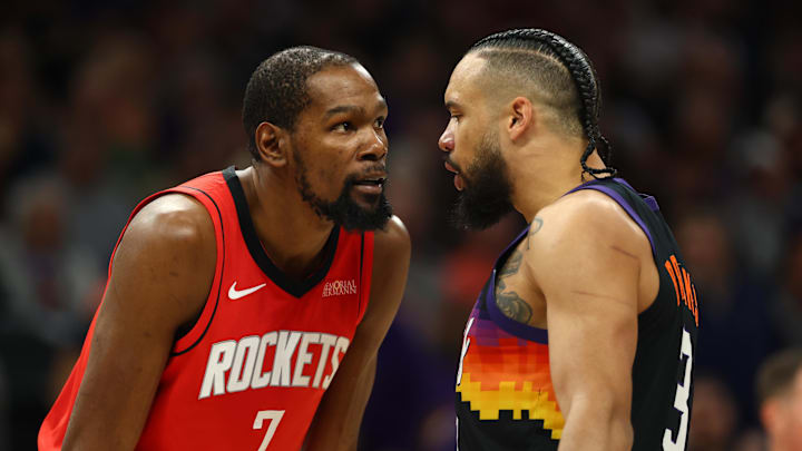 Apr 7, 2026; Phoenix, Arizona, USA; Houston Rockets forward Kevin Durant (7) argues with Phoenix Suns forward Dillon Brooks (3) in the first half at Mortgage Matchup Center. Mandatory Credit: Mark J. Rebilas-Imagn Images Apr 7, 2026; Phoenix, Arizona, USA; Houston Rockets forward Kevin Durant (7) argues with Phoenix Suns forward Dillon Brooks (3) in the first half at Mortgage Matchup Center. Mandatory Credit: Mark J. Rebilas-Imagn Images