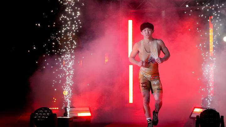 Masanosuke Ono is announed during an exhibition match against Spencer Lee at the “FloWrestling Night in America” event in 2025. Masanosuke Ono is announed during an exhibition match against Spencer Lee at the “FloWrestling Night in America” event in 2025.