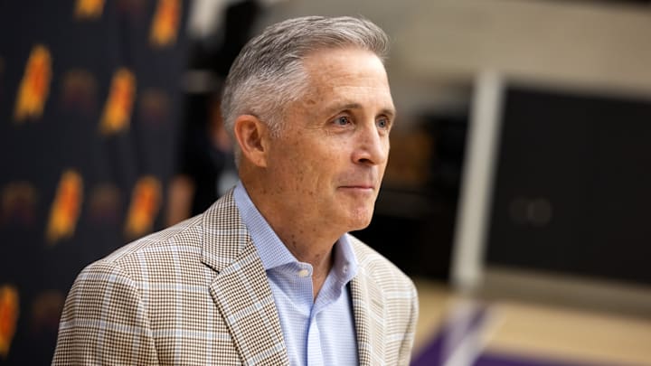 Jun 10, 2025; Scottsdale, AZ, USA; Phoenix Suns general manager Brian Gregory during an introductory press conference at the Verizon 5g Performance Center. Mandatory Credit: Mark J. Rebilas-Imagn Images
