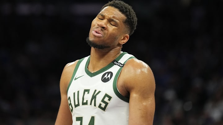Mar 22, 2025; Sacramento, California, USA; Milwaukee Bucks forward Giannis Antetokounmpo (34) reacts during the third quarter against the Sacramento Kings at Golden 1 Center. Mandatory Credit: Darren Yamashita-Imagn Images