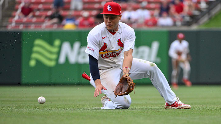 Apr 15, 2026; St. Louis, Missouri, USA; St. Louis Cardinals second baseman JJ Wetherholt (26) knocks down a single hit by Cleveland Guardians third baseman Daniel Schneemann (not pictured) during the seventh inning at Busch Stadium. Players and coaches are wearing number 42 in recognition of Jackie Robinson Day. Mandatory Credit: Jeff Curry-Imagn Images Apr 15, 2026; St. Louis, Missouri, USA; St. Louis Cardinals second baseman JJ Wetherholt (26) knocks down a single hit by Cleveland Guardians third baseman Daniel Schneemann (not pictured) during the seventh inning at Busch Stadium. Players and coaches are wearing number 42 in recognition of Jackie Robinson Day. Mandatory Credit: Jeff Curry-Imagn Images