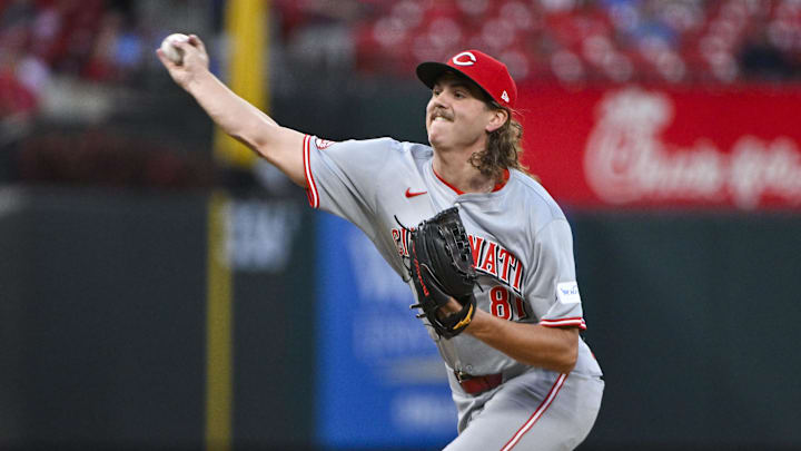 Sep 10, 2024; St. Louis, Missouri, USA;  Cincinnati Reds starting pitcher Rhett Lowder (81) pitches against the St. Louis Cardinals during the first inning at Busch Stadium. Mandatory Credit: Jeff Curry-Imagn Images