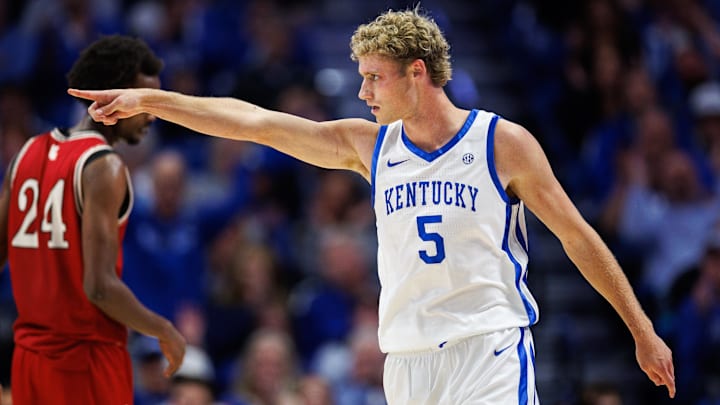 Nov 4, 2025; Lexington, Kentucky, USA; Kentucky Wildcats guard Collin Chandler (5) reacts after making a basket during the first half against the Nicholls Colonels at Rupp Arena at Central Bank Center. Mandatory Credit: Jordan Prather-Imagn Images