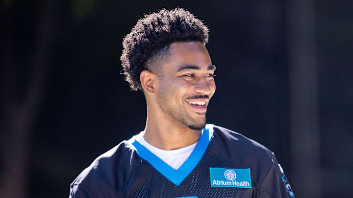 Jul 26, 2025; Charlotte, NC, USA; Carolina Panthers quarterback Bryce Young (9) walks to practice during training camp. Mandatory Credit: Scott Kinser-Imagn Images Jul 26, 2025; Charlotte, NC, USA; Carolina Panthers quarterback Bryce Young (9) walks to practice during training camp. Mandatory Credit: Scott Kinser-Imagn Images
