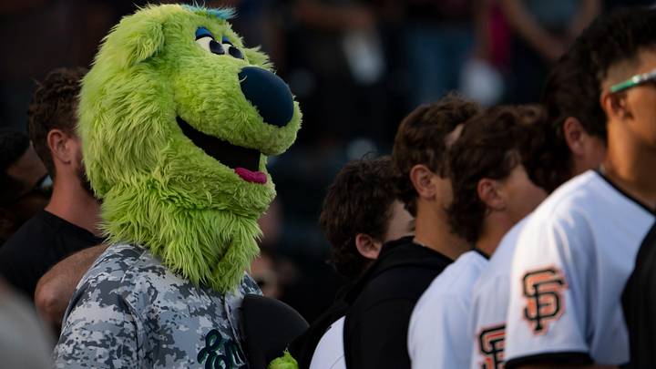 Sluggo stands for the national anthem during the Eugene Emeralds home opener Wednesday, April 9, 2025, at PK Park in Eugene, Ore. Sluggo stands for the national anthem during the Eugene Emeralds home opener Wednesday, April 9, 2025, at PK Park in Eugene, Ore.