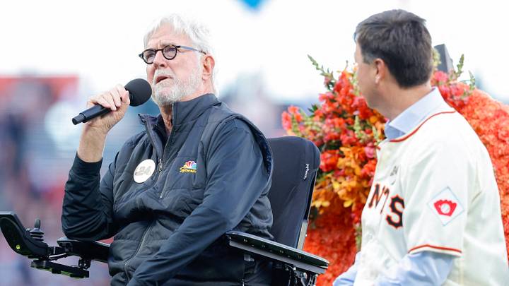 Giants Broadcaster Mike Krukow speaks during a tribute to Willie Mays Giants Broadcaster Mike Krukow speaks during a tribute to Willie Mays
