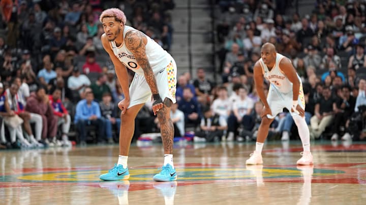 Mar 21, 2025; San Antonio, Texas, USA; San Antonio Spurs forward Jeremy Sochan (10) looks on during the second quarter against the Philadelphia 76ers at Frost Bank Center.