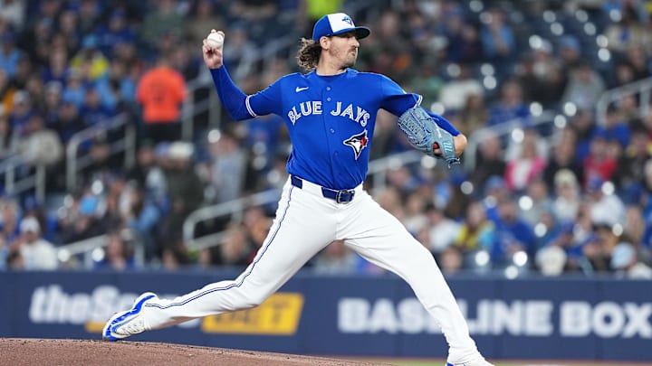 Apr 25, 2026; Toronto, Ontario, CAN; Toronto Blue Jays starting pitcher Kevin Gausman (34) throws a pitch against the Cleveland Guardians during the first inning at Rogers Centre. 