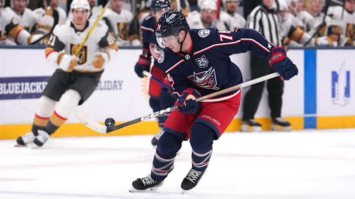 Blue Jackets defenseman Damon Severson tries to settle a puck against the Vegas Golden Knights