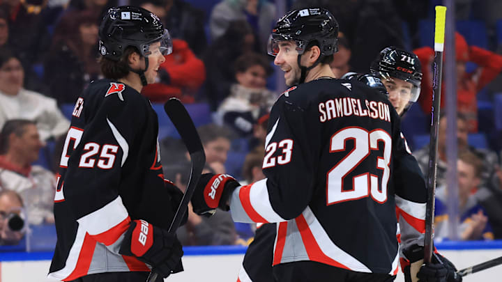 Buffalo Sabres defensemen Owen Power and Mattias Samuelsson
