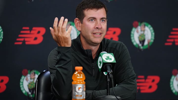 Sep 29, 2025; Boston, MA, USA; Boston Celtics president of basketball operations Brad Stevens talks to reporters during media day at the Auerbach Center. 