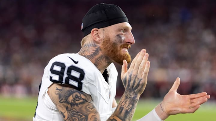 Aug 23, 2025; Glendale, Arizona, USA; Las Vegas Raiders defensive end Maxx Crosby (98) against the Arizona Cardinals during a preseason NFL game at State Farm Stadium. Mandatory Credit: Mark J. Rebilas-Imagn Images