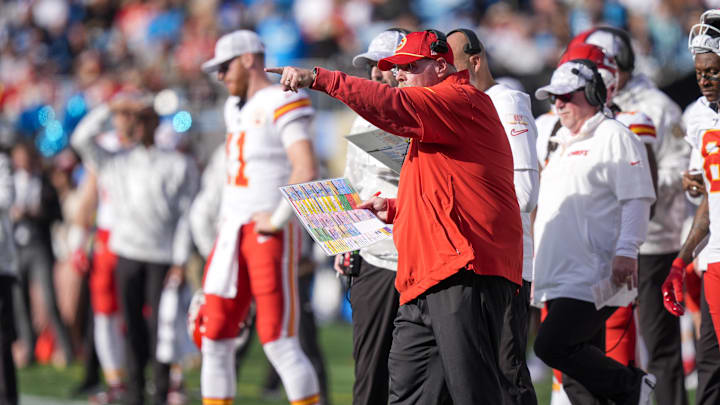 Nov 24, 2024; Charlotte, North Carolina, USA;  Kansas City Chiefs head coach Andy Reid yells out to his offense during the second quarter against the Carolina Panthers at Bank of America Stadium. Mandatory Credit: Jim Dedmon-Imagn Images