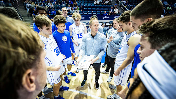 BYU head coach Kevin Young prepares for the opening tip against Texas Tech BYU head coach Kevin Young prepares for the opening tip against Texas Tech