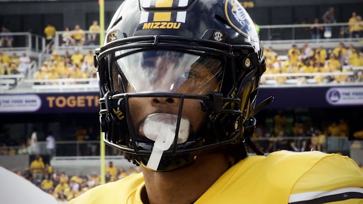 Sep 14, 2024; Columbia, Missouri, USA; Missouri Tigers wide receiver Theo Wease Jr. (1) looks directly into the camera on the sideline in the first half against the Boston College Eagles at Faurot Field at Memorial Stadium.