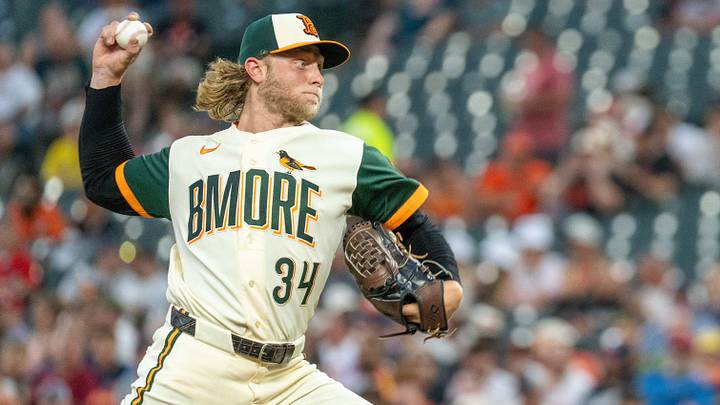 Sep 4, 2026; Baltimore, Maryland, USA;  Baltimore Orioles pitcher Shane Baz (34) delivers a pitch during the first inning at Oriole Park at Camden Yards.  Mandatory Credit: Jamie LeBlanc-Imagn Images