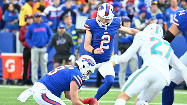 Buffalo Bills place kicker Tyler Bass (2) kicks a 61 yard field goal to take the lead over the Miami Dolphins in the fourth quarter at Highmark Stadium.
