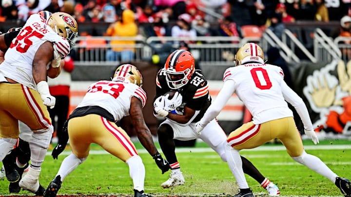 Nov 30, 2025; Cleveland, Ohio, USA;  Cleveland Browns running back Dylan Sampson (22) runs the ball during the second half against the San Francisco 49ers at Huntington Bank Field. Mandatory Credit: Ken Blaze-Imagn Images