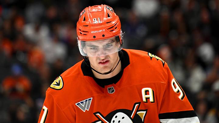 Mar 30, 2026; Anaheim, California, USA; Anaheim Ducks center Leo Carlsson (91) reacts before the first overtime period against the Toronto Maple Leafs at Honda Center. Mandatory Credit: Griffin Hooper-Imagn Images