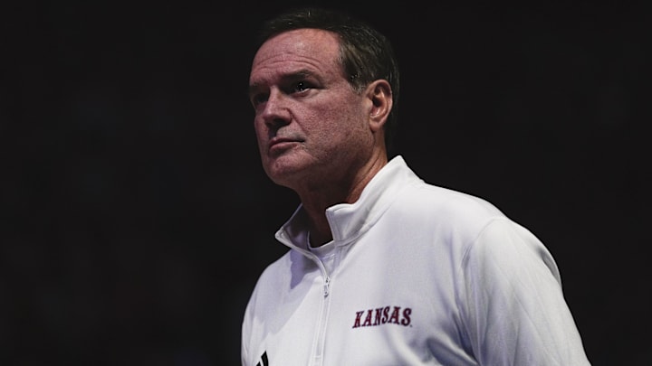 Feb 7, 2026; Lawrence, Kansas, USA; Kansas Jayhawks head coach Bill Self looks on during introductions prior to a game against the Arizona Wildcats at Allen Fieldhouse. Mandatory Credit: Jay Biggerstaff-Imagn Images Feb 7, 2026; Lawrence, Kansas, USA; Kansas Jayhawks head coach Bill Self looks on during introductions prior to a game against the Arizona Wildcats at Allen Fieldhouse. Mandatory Credit: Jay Biggerstaff-Imagn Images
