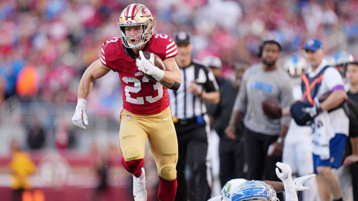 Jan 28, 2024; Santa Clara, California, USA; San Francisco 49ers running back Christian McCaffrey (23) runs with the ball against Detroit Lions safety C.J. Gardner-Johnson (2) during the first half of the NFC Championship football game at Levi's Stadium. Mandatory Credit: Kyle Terada-USA TODAY Sports Jan 28, 2024; Santa Clara, California, USA; San Francisco 49ers running back Christian McCaffrey (23) runs with the ball against Detroit Lions safety C.J. Gardner-Johnson (2) during the first half of the NFC Championship football game at Levi's Stadium. Mandatory Credit: Kyle Terada-USA TODAY Sports