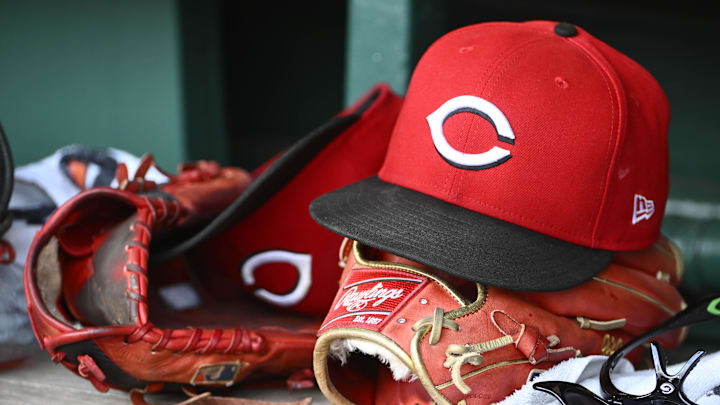 Jul 23, 2025; Washington, District of Columbia, USA; General view of Cincinnati Reds hat during the game against the Washington Nationals at Nationals Park. Mandatory Credit: Brad Mills-Imagn Images