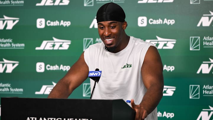 Jun 11, 2025; Florham Park, NY, USA; New York Jets running back Breece Hall (20) speaks at a press conference during minicamp at Atlantic Health Jets Training Center. Mandatory Credit: John Jones-Imagn Images