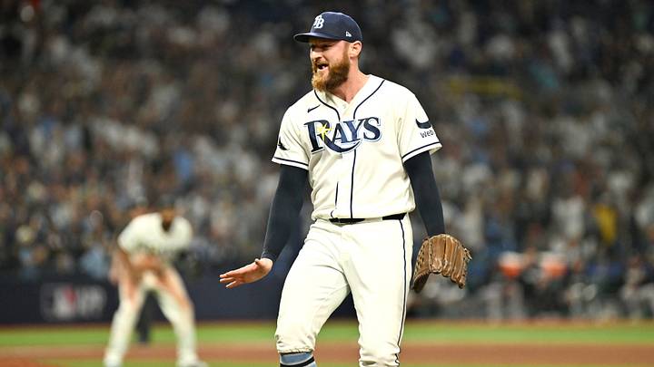 Oct 5, 2026; St. Petersburg, Florida, USA;  Tampa Bay Rays pitcher Bryan Baker (47)celebrates after the final out against the New York Yankees in game two of the ALDS for the 2026 MLB Playoffs at Tropicana Field.  Mandatory Credit: Jonathan Dyer-Imagn Images