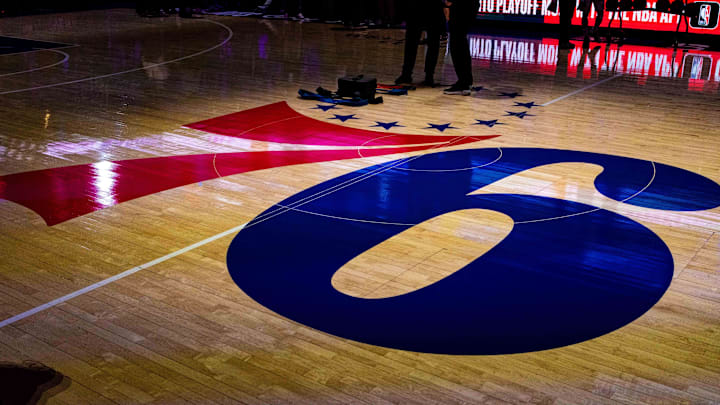 May 11, 2023; Philadelphia, Pennsylvania, USA; General view of center court with the Philadelphia 76ers logo before game six of the 2023 NBA playoffs against the Boston Celtics at Wells Fargo Center. Mandatory Credit: Bill Streicher-Imagn Images