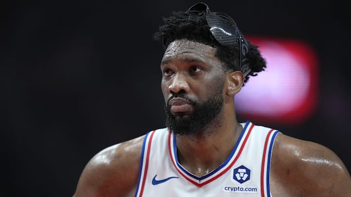 Dec 30, 2024; Portland, Oregon, USA; Philadelphia 76ers center Joel Embiid (21) looks on during the first half against the Portland Trail Blazers at Moda Center. Mandatory Credit: Soobum Im-Imagn Images Dec 30, 2024; Portland, Oregon, USA; Philadelphia 76ers center Joel Embiid (21) looks on during the first half against the Portland Trail Blazers at Moda Center. Mandatory Credit: Soobum Im-Imagn Images
